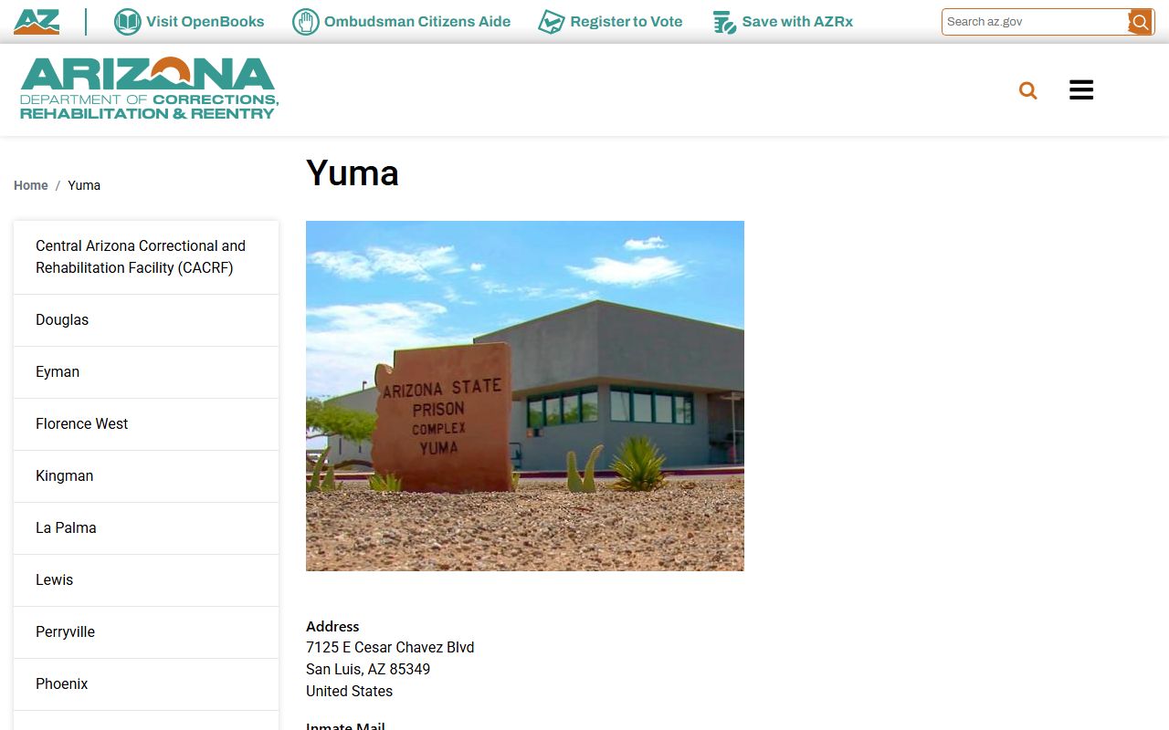 Arizona State Prison Complex - Yuma inmate lookup facility page