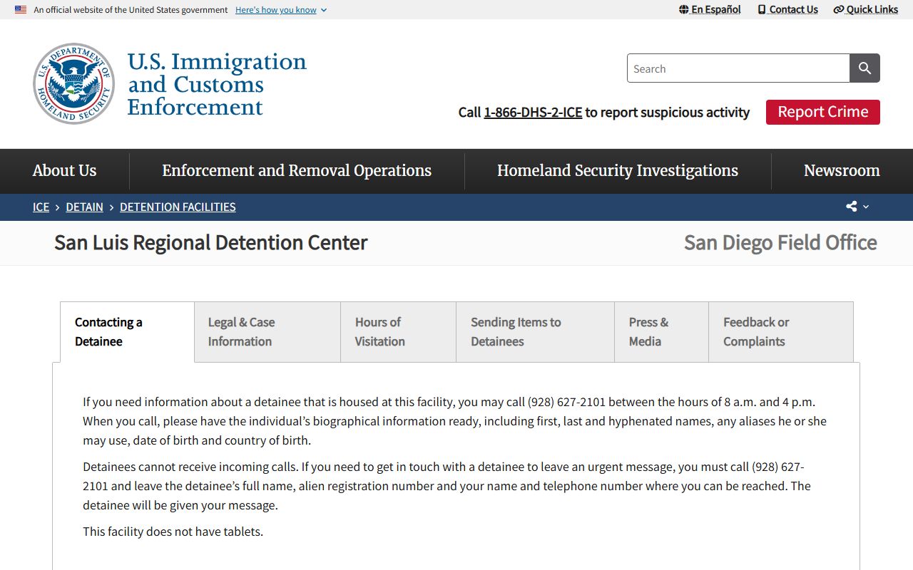 San Luis Regional Detention Center ICE detainee lookup and facility rules