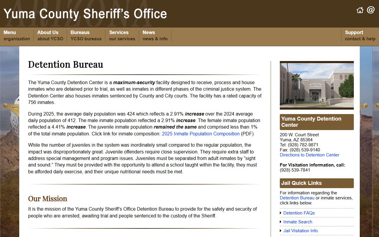 Yuma County Detention Center inmate population and detention bureau page