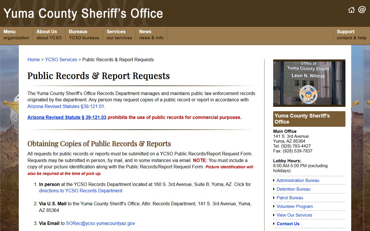 Yuma County jail mugshots records request instructions