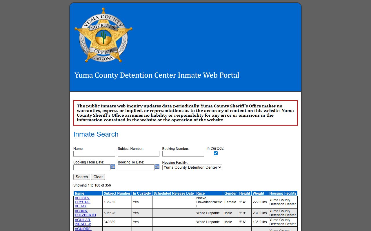 Yuma County inmate records current custody roster grid