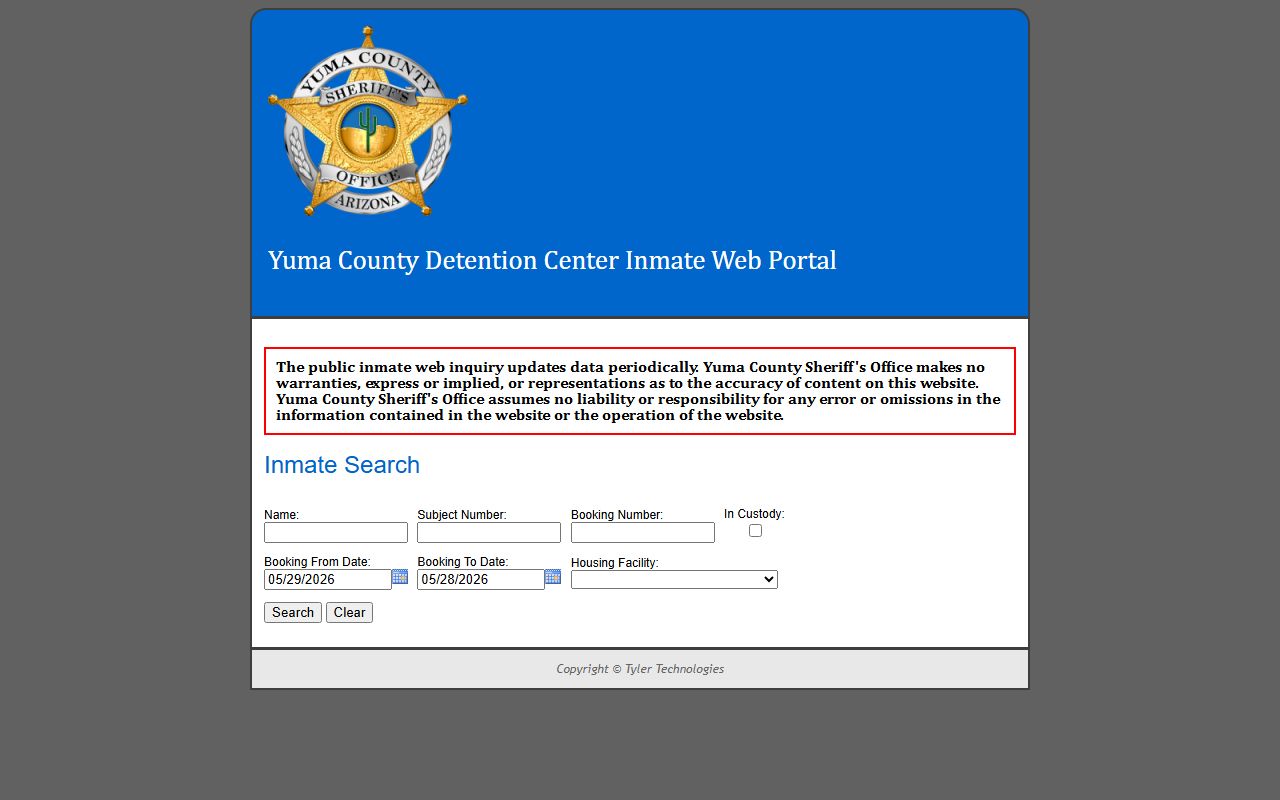 Yuma County inmate population search form fields