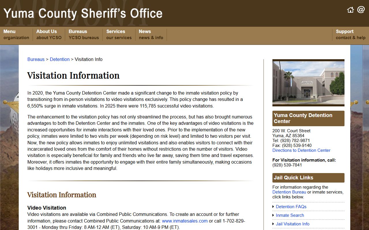 Yuma County Detention Center visitation rules for jail inmates